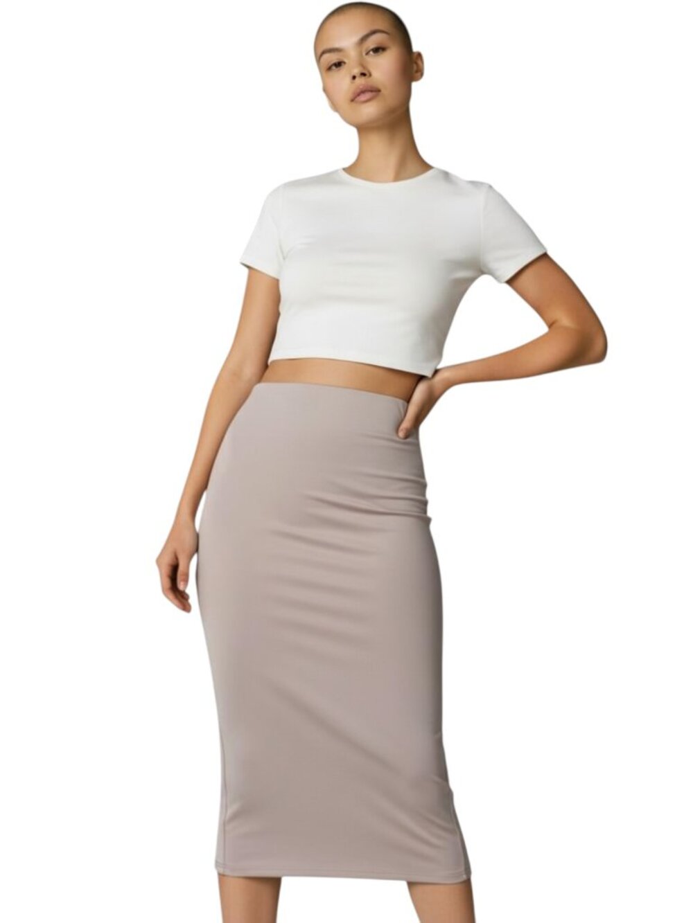 blanc Dusty Mauve Smooth Stretch Bodycon Pencil Midi Skirt High Waist Office M